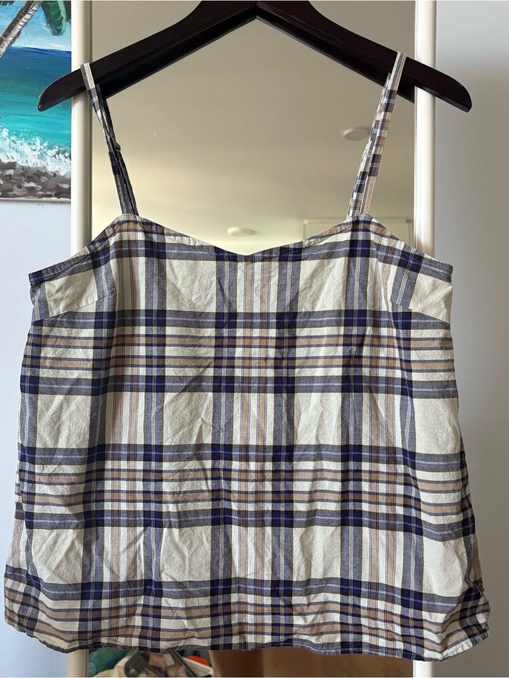 MUJI Plaid Spaghetti-Strap Tank Top - navy and Tan 100% cotton